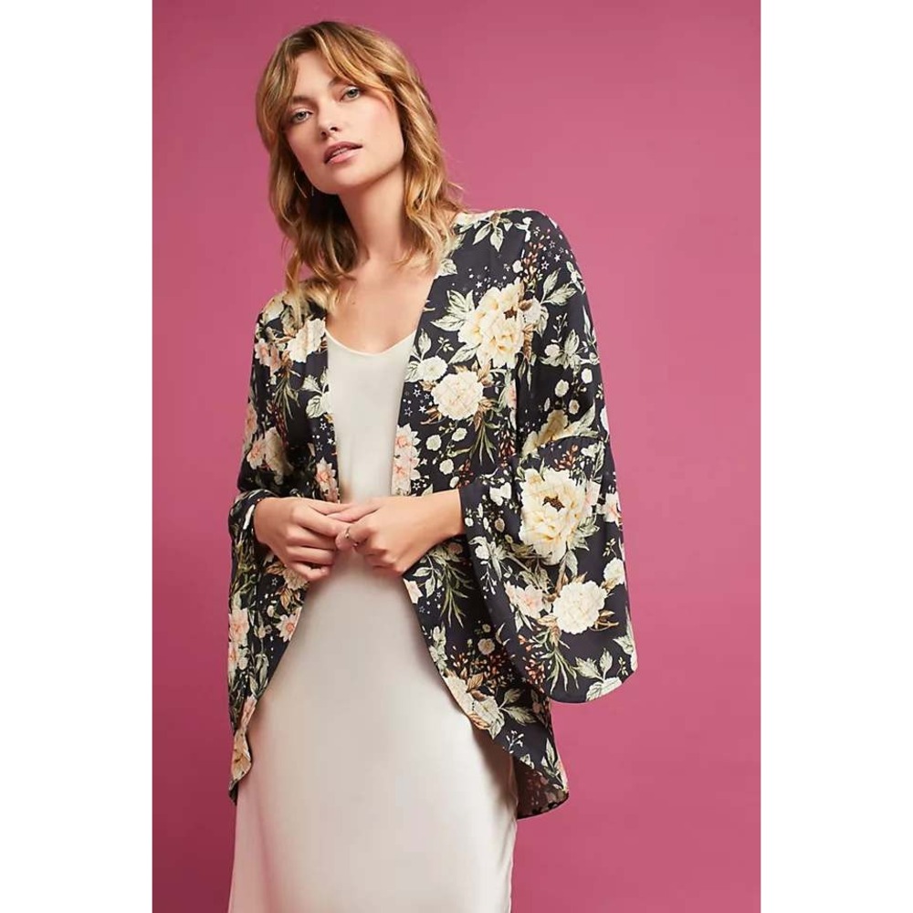 $168 Farm Rio Kimono OS Black Floral Star Bell Sleeve Boho Fairycore Layering